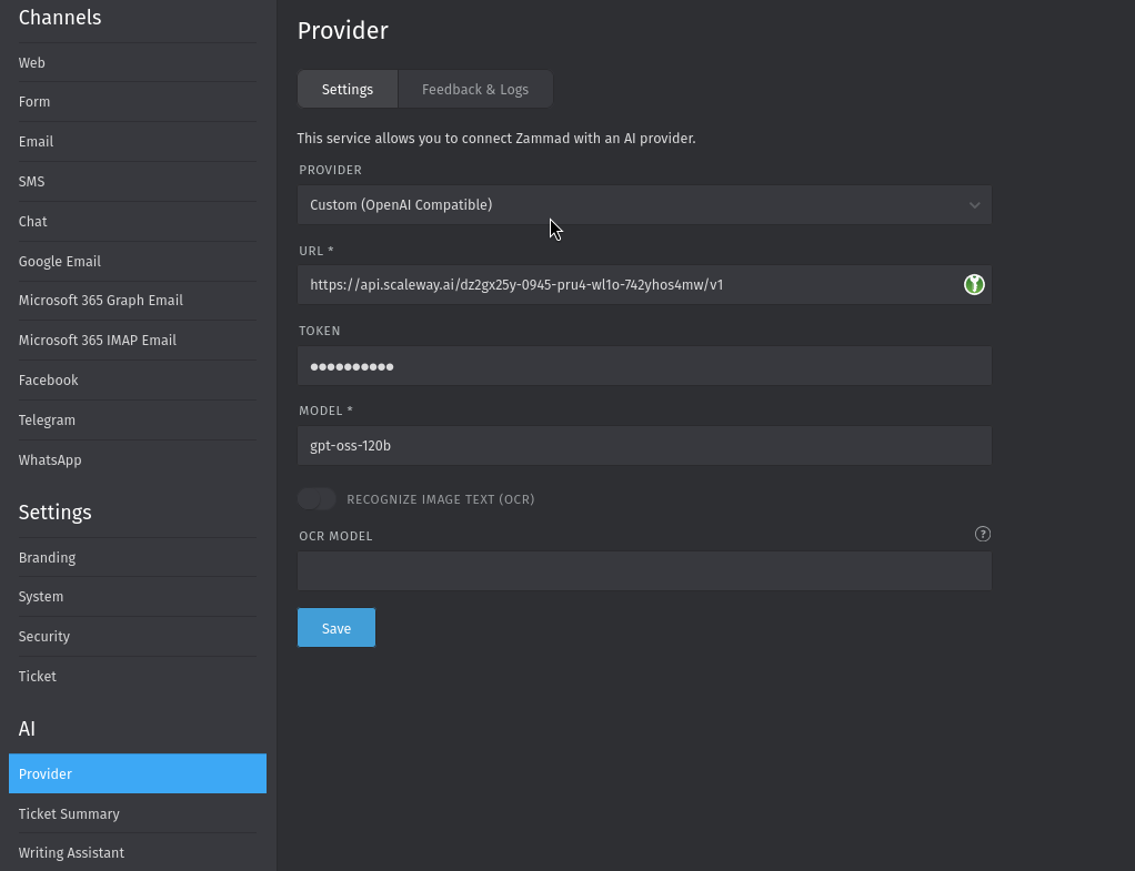Zammad AI provider settings